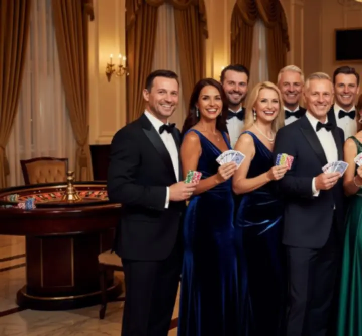 Grupa eleganckich gości uśmiecha się podczas luksusowego wydarzenia zorganizowanego przez SOI BEAUTY Paulina Sobczyńska.