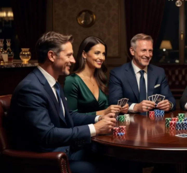 Stół pokerowy z uśmiechniętymi Gośćmi podczas wieczoru pokerowego