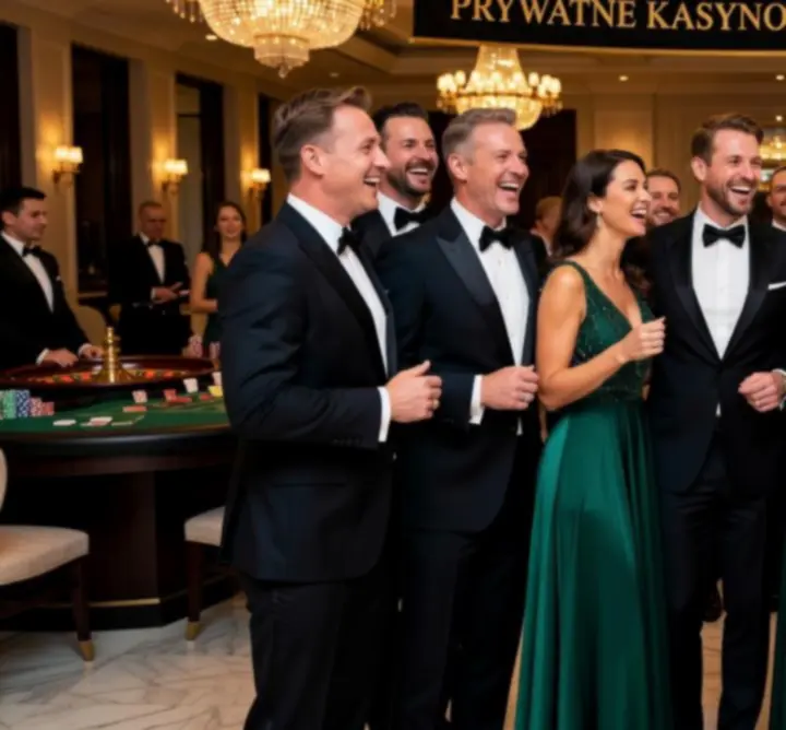 Uczestnicy eleganckiej imprezy śmiejący się przy stole z żetonami